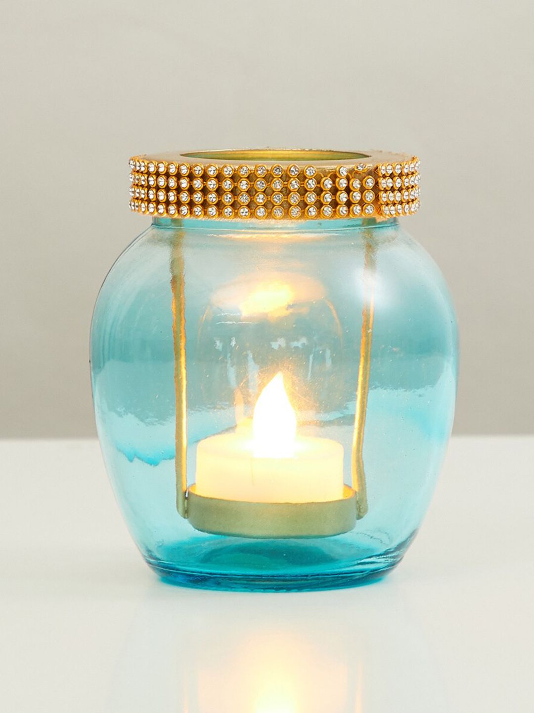 Home Centre Blue & Gold Embellished Glass Jar & T-Light Holder Price in India