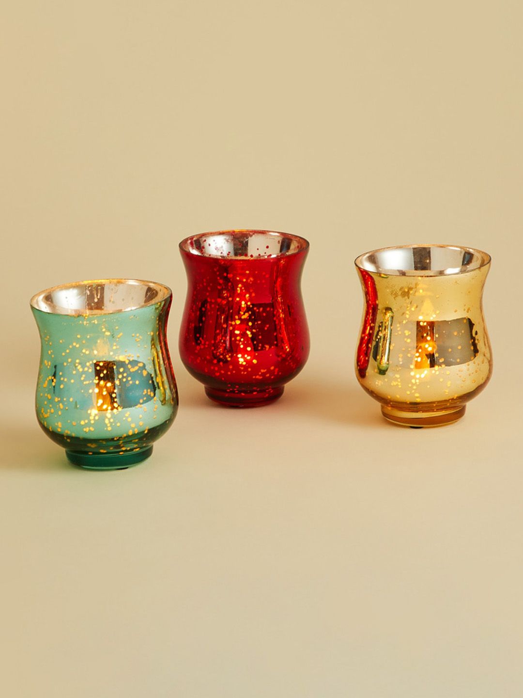 Home Centre Set Of 3 Red Green & Gold-Toned Textured Glass Abstract Votive Holders Price in India