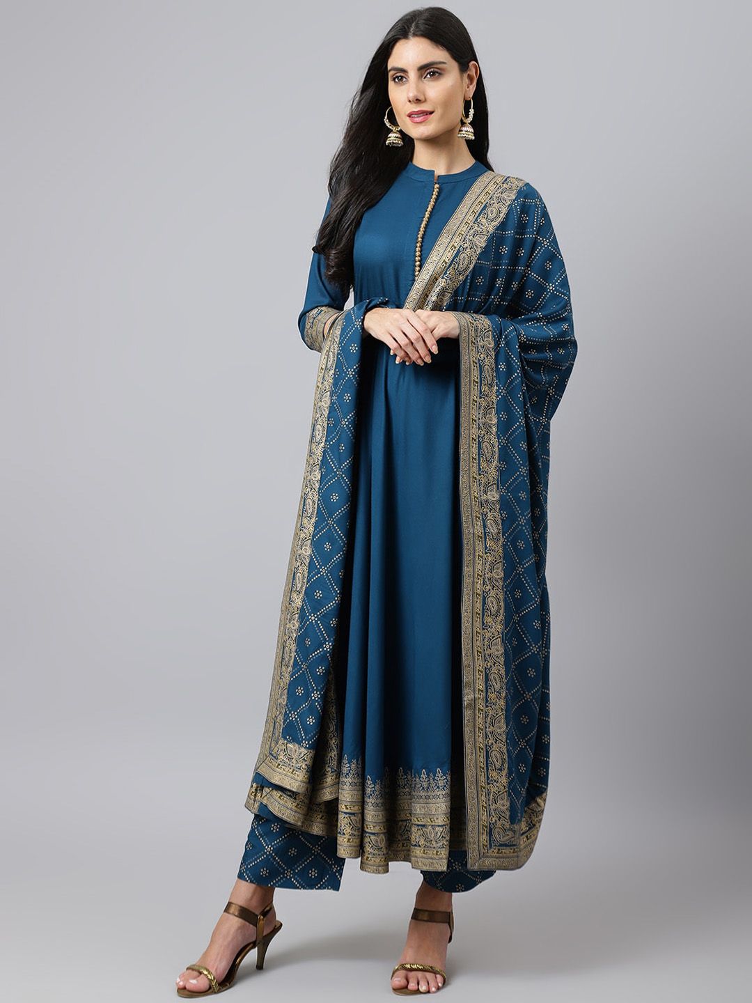 Khushal K Women Blue Printed Kurta with Trouser & Dupatta Price in India