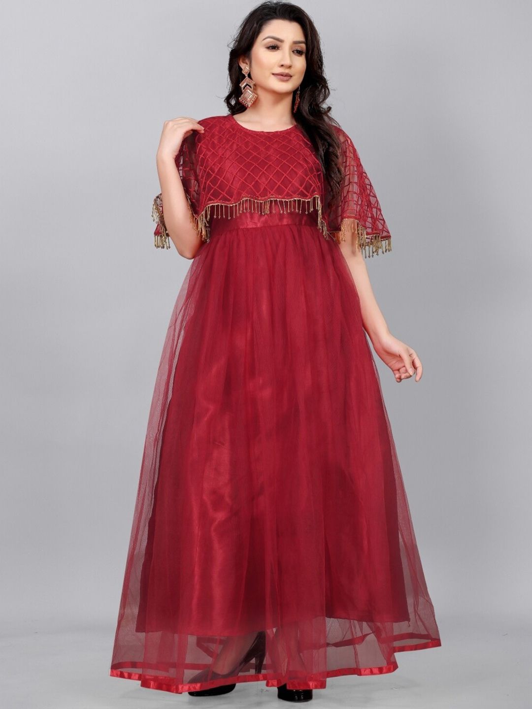 APNISHA Women Maroon Embroidered Net Maxi Dress Price in India