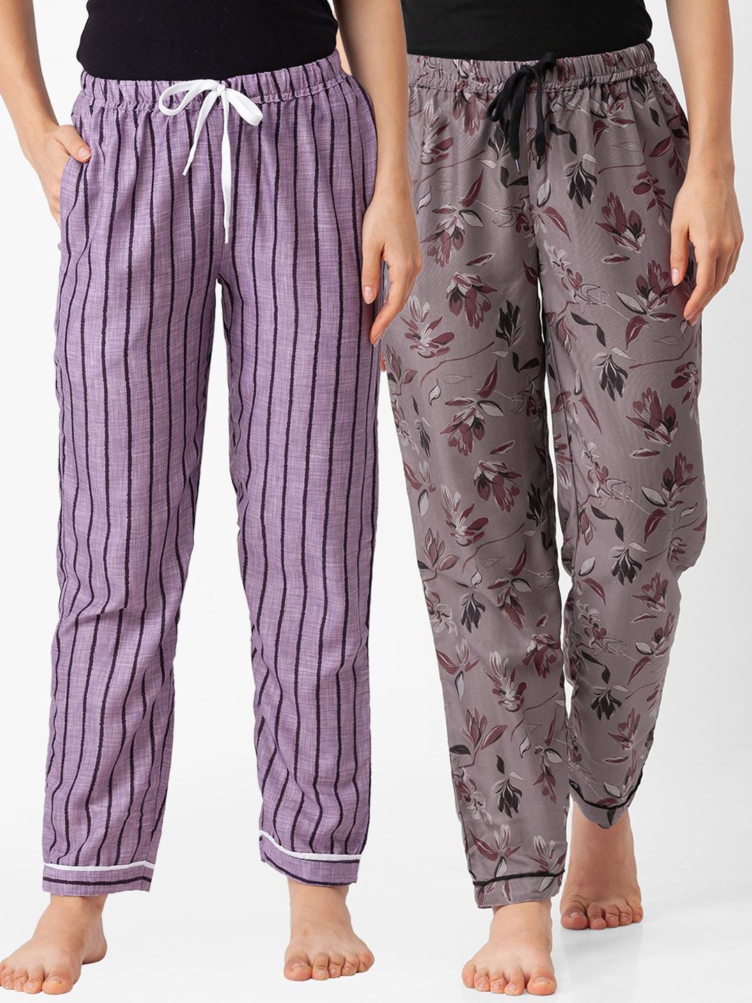 FashionRack Pack of 2 Brown & Purple Printed Cotton Lounge Pants Price in India