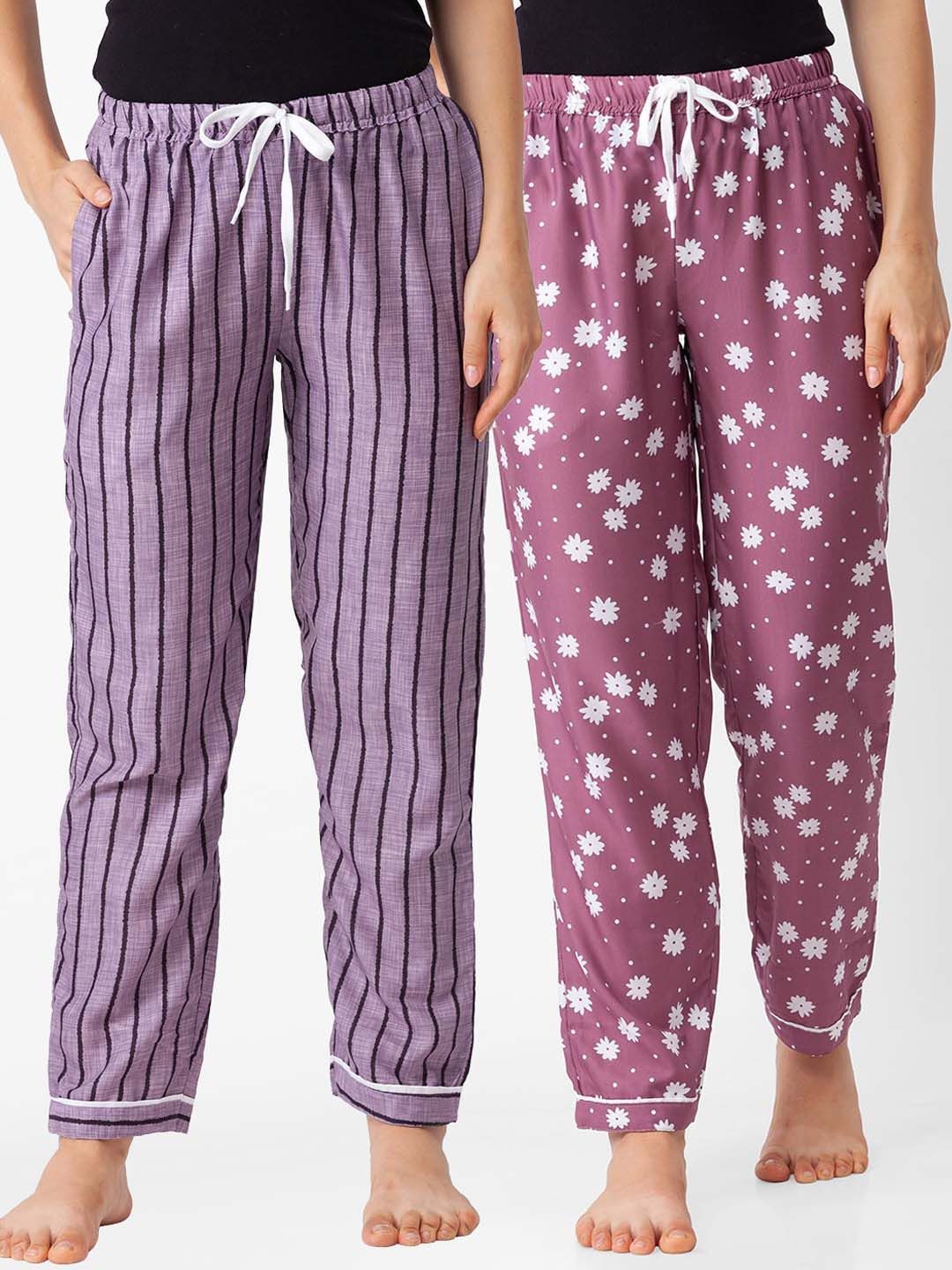 FashionRack Women Pack of 2 Purple & Pink Printed Lounge Pants Price in India