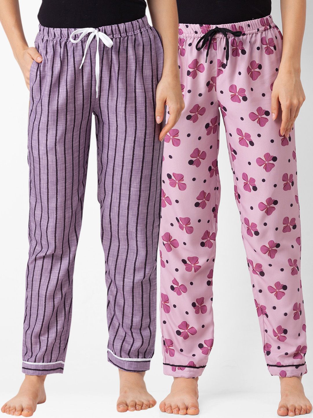 FashionRack Women Pack Of 2 Purple & Pink Printed Lounge Pants Price in India