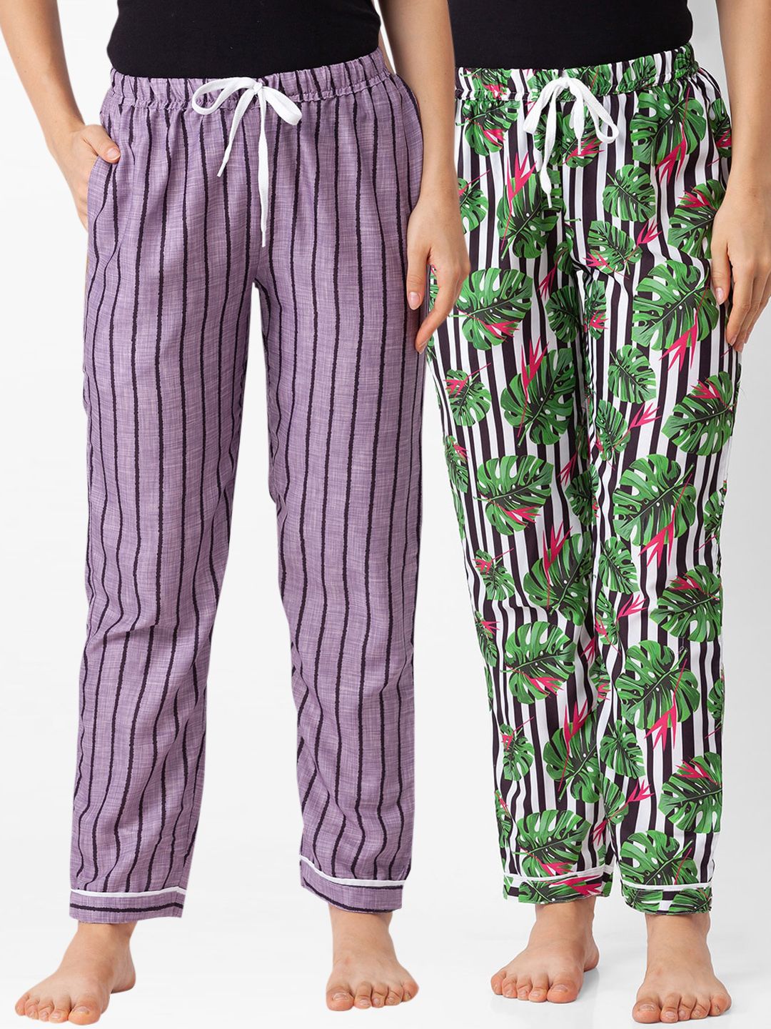 FashionRack Women Pack Of 2 Violet & Green Printed Cotton Lounge Pants Price in India