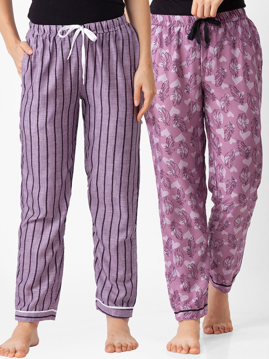 FashionRack Women Pack Of 2 Grey & Pink Printed Cotton Lounge Pants Price in India