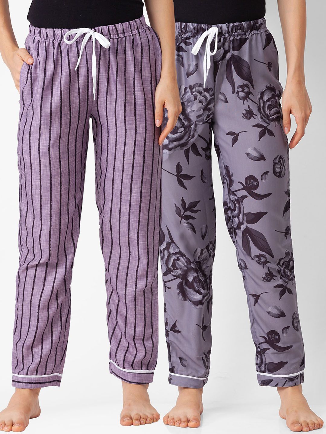 FashionRack Pack of 2 Black & Grey Printed Cotton Lounge Pants Price in India