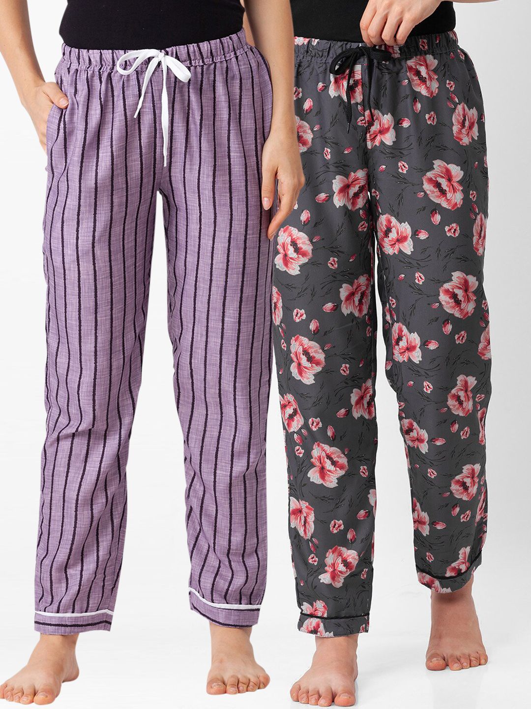 FashionRack Women Purple and Grey  Pack of 2 Printed Cotton Lounge Pants Price in India