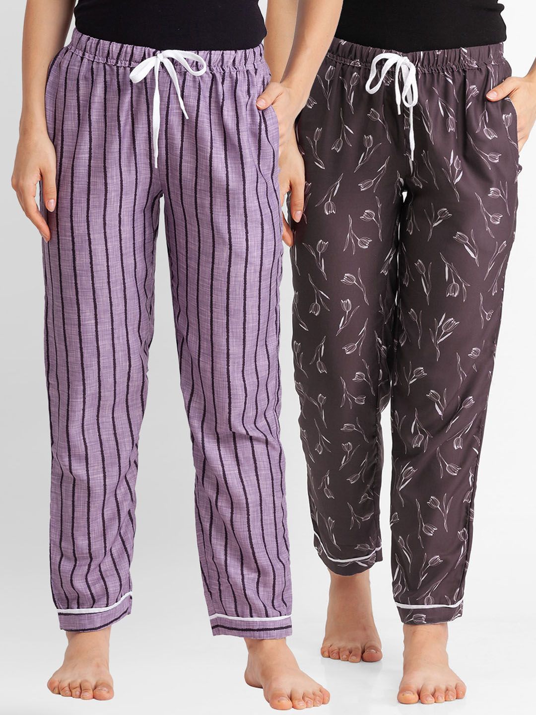 FashionRack Set of 2 Women Lavender & Brown Printed Cotton Lounge Pants Price in India