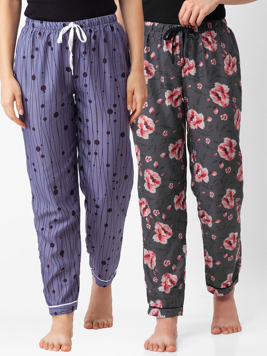 FashionRack Women Pack of 2 Grey And Purple Printed Lounge Pants Price in India