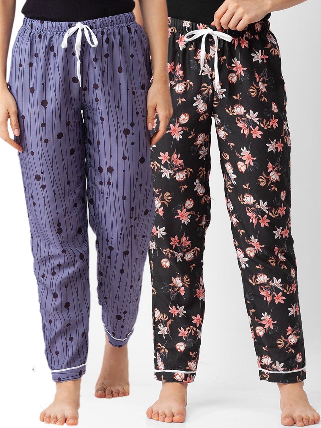 FashionRack Women Pack of 2 Blue & Black Printed Lounge Pants Price in India