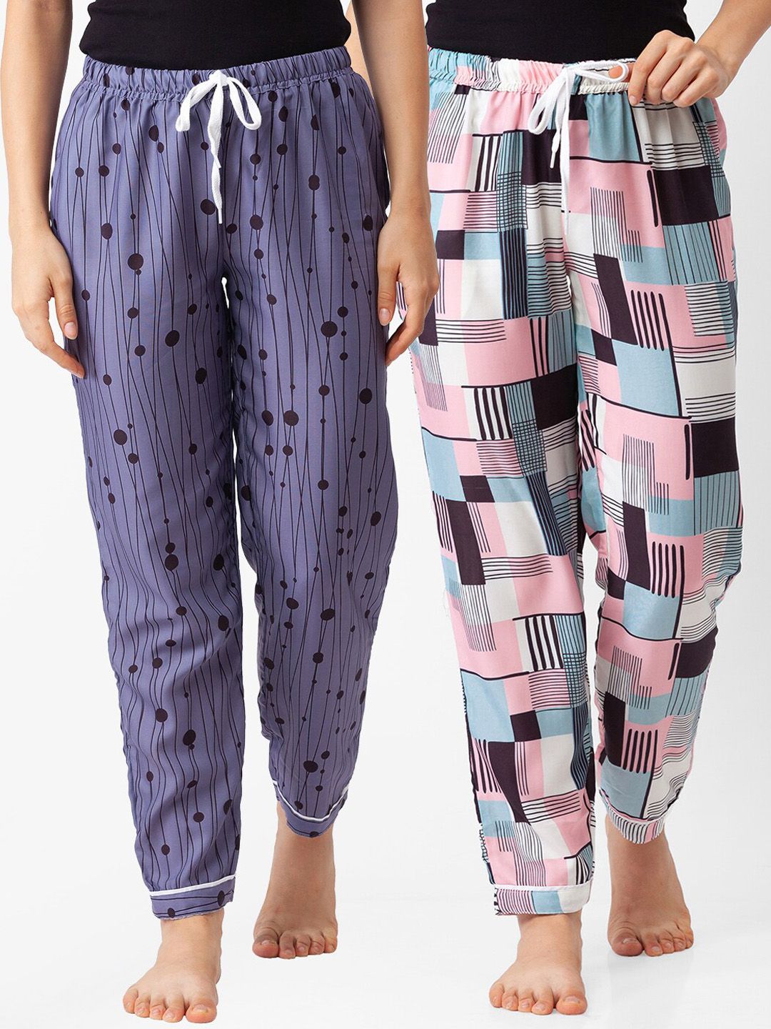 FashionRack Women Pack Of 2 Purple & Pink Printed Cotton Lounge Pants Price in India