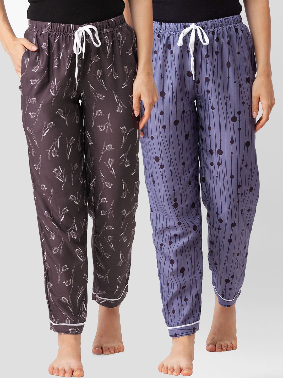 FashionRack Women Set of 2 Brown & Purple Printed Cotton Lounge Pants Price in India