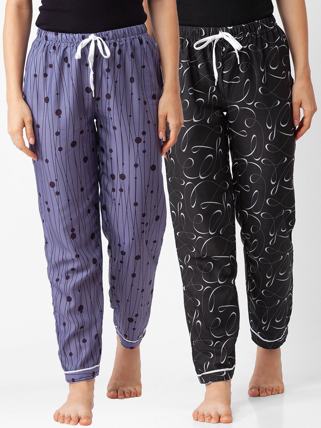 FashionRack Women Pack of 2 Grey& Black Printed Cotton Lounge Pants Price in India