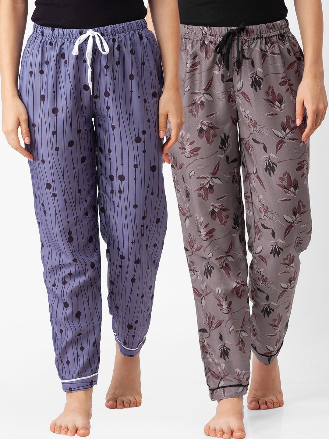 FashionRack Women Set of 2 Grey & Blue Printed Cotton Lounge Pants Price in India