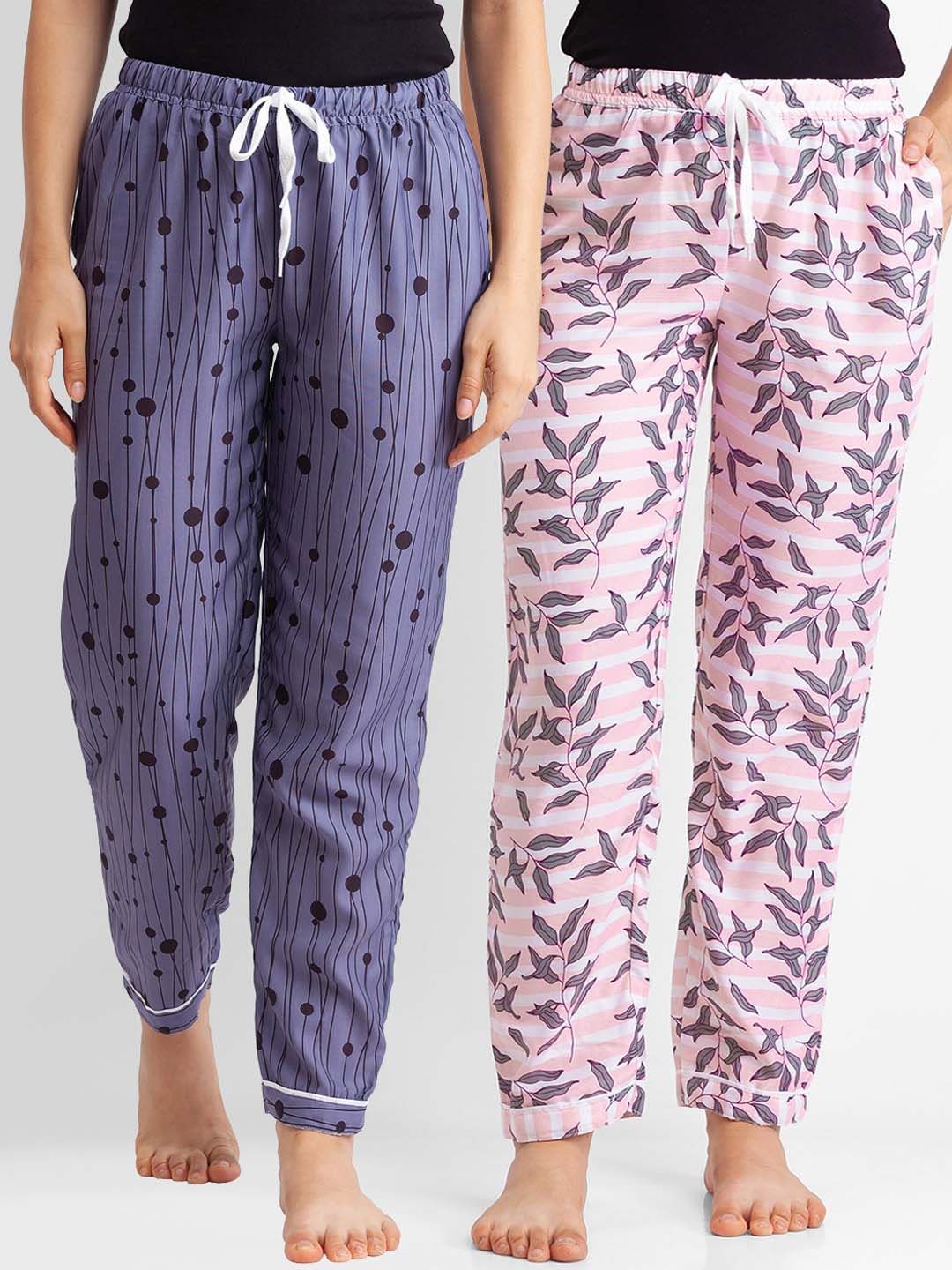 FashionRack Women Pack Of 2 Blue & Pink Printed Cotton Lounge Pants Price in India