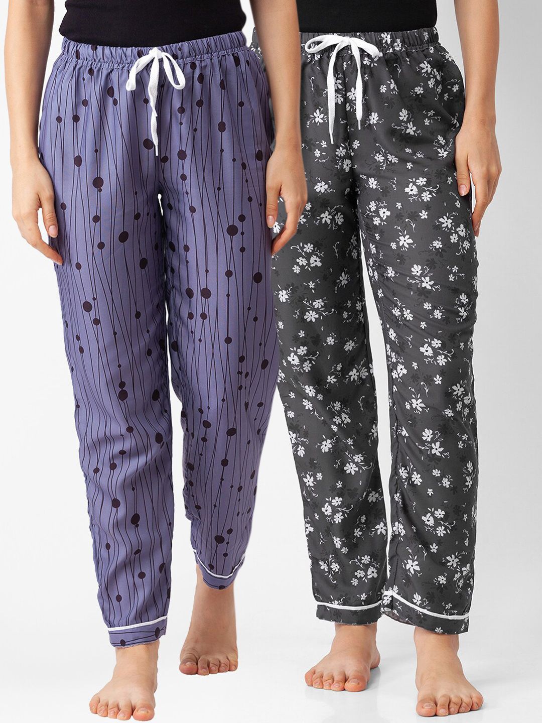 FashionRack Blue and Grey Pack of 2 Women Grey Printed Lounge Pants Price in India