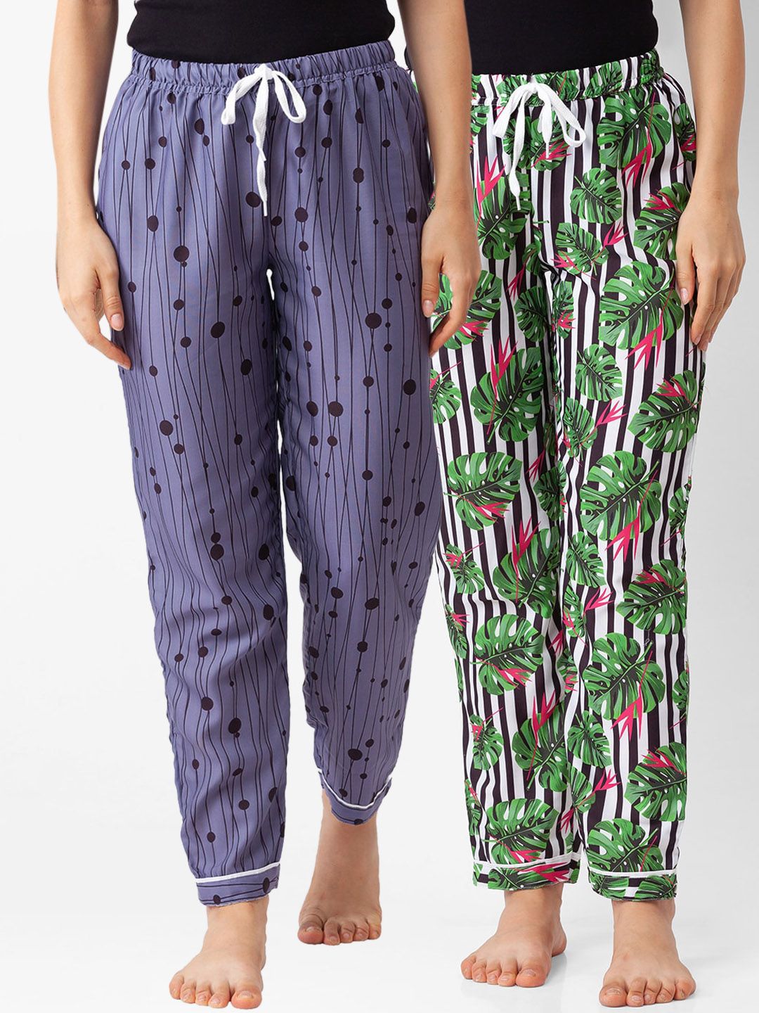 FashionRack Pack of 2 Women Grey & Green Printed Cotton Lounge Pants Price in India