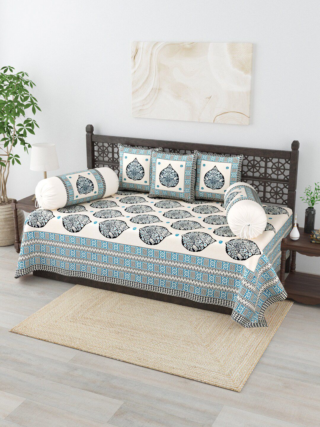 Salona Bichona 6-Pieces Beige & Blue Printed 120 TC Pure Cotton Diwan Set Price in India