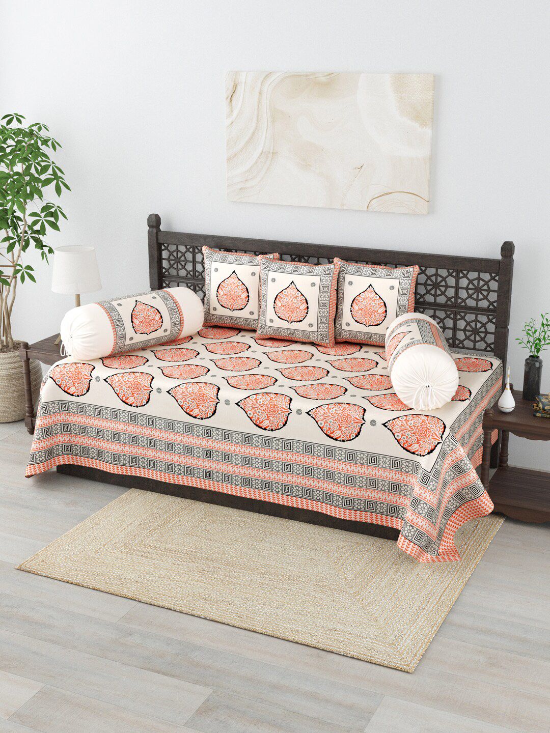Salona Bichona Pack of  6-Pieces White & Pink Printed 120 TC Pure Cotton Diwan Set Price in India