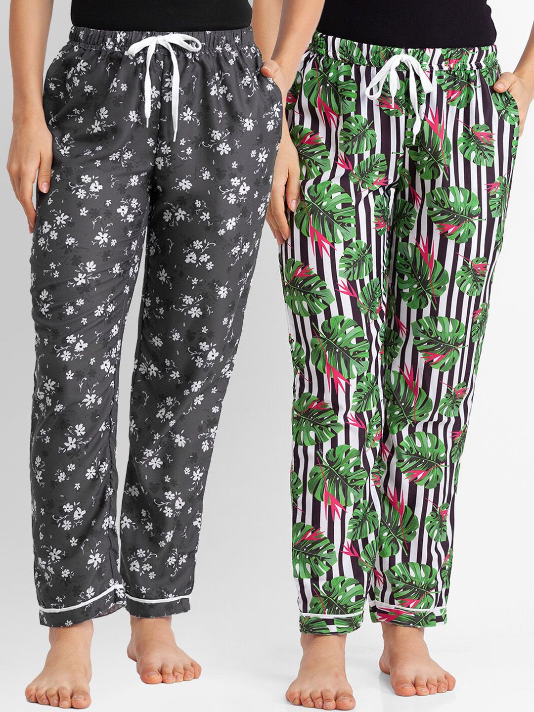 FashionRack Pack of 2 Women Grey & Black Printed Lounge Pants Price in India