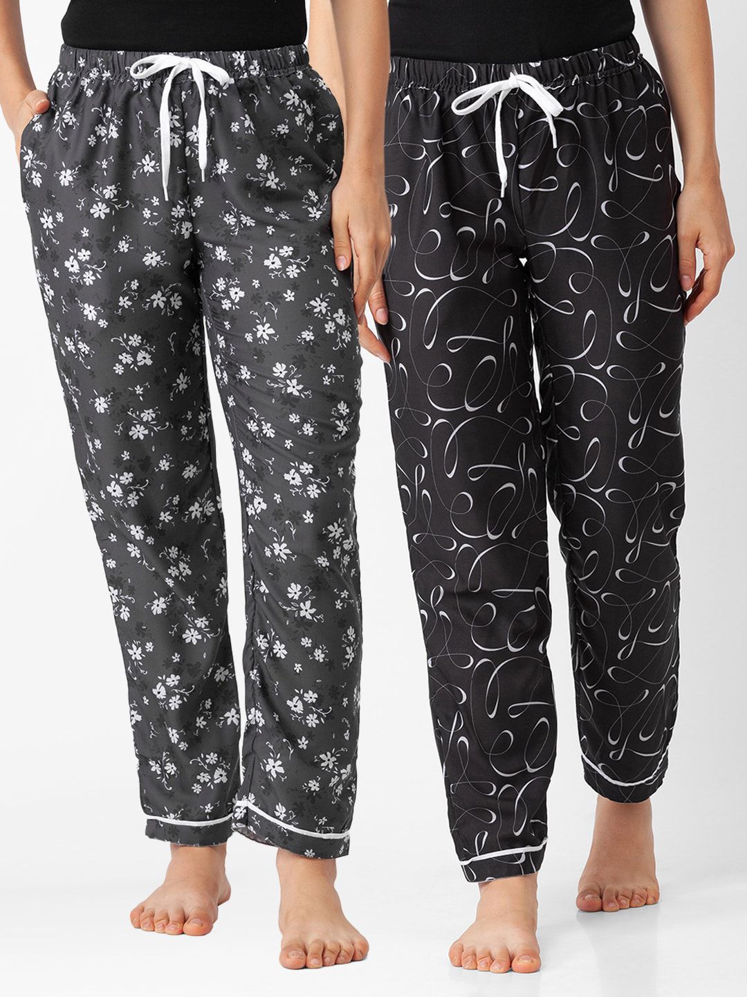 FashionRack Women Pack of 2 Grey And Black Printed Cotton Lounge Pants Price in India