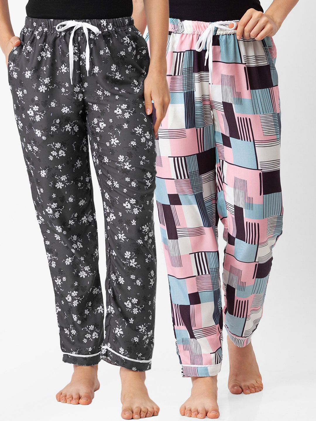 FashionRack Women Pack of 2 Grey Printed Cotton Lounge Pants Price in India