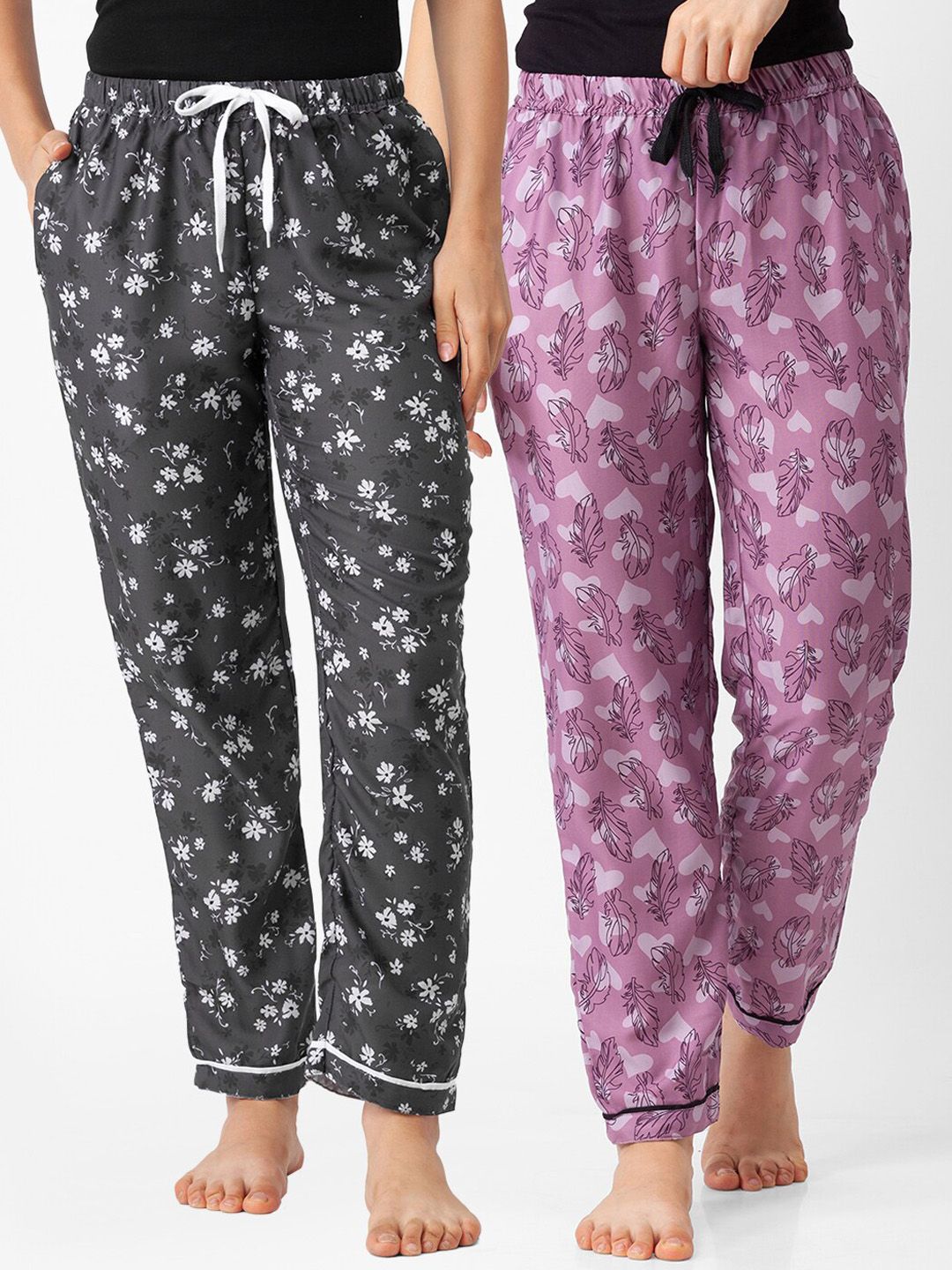 FashionRack Women Set of 2 Grey & Violet Printed Cotton Lounge Pants Price in India