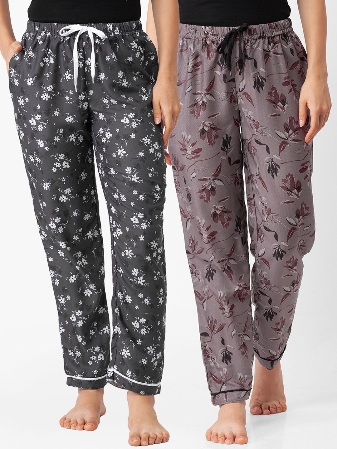 FashionRack Women Pack of 2 Grey & Brown Printed Cotton Lounge Pants Price in India