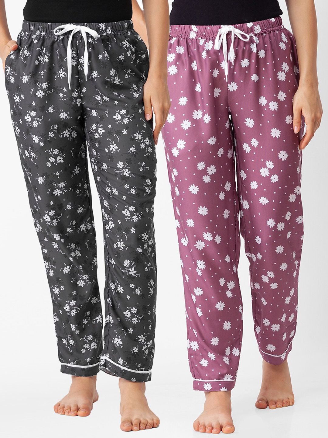 FashionRack Women Grey and Pink Pack of 2 Printed Cotton Lounge Pants Price in India