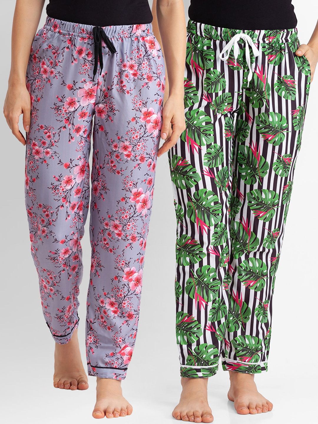 FashionRack Women Pack of 2 Grey & Green Printed Lounge Pants Price in India