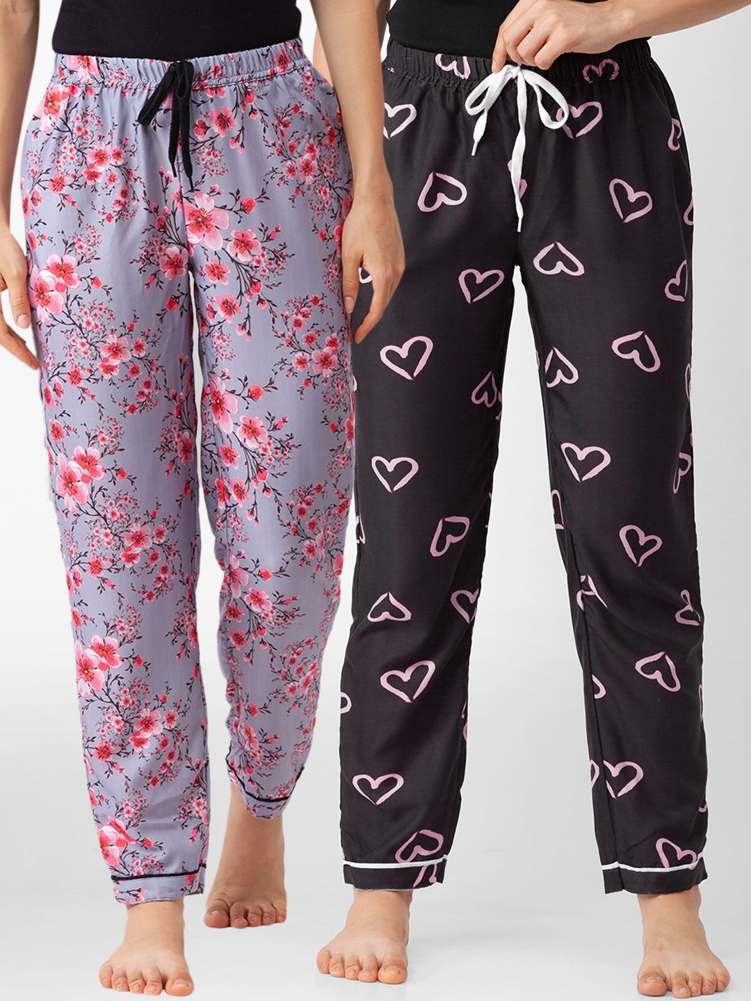 FashionRack Women Pack of 2 Pink & Black Printed Cotton Lounge Pants Price in India