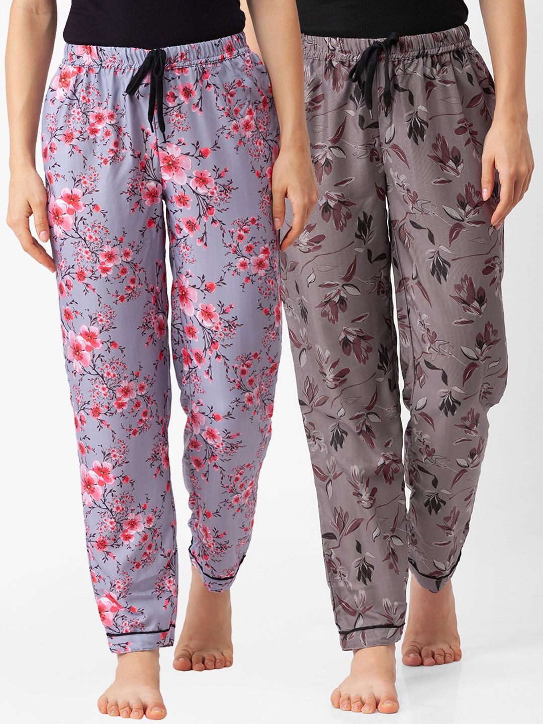FashionRack Women Pack Of 2 Grey & Brown Printed Cotton Lounge Pants Price in India