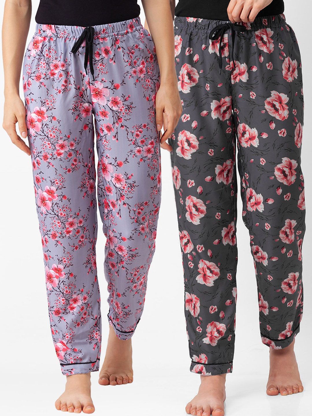 FashionRack Pack of 2 Pink & Grey Printed Cotton Lounge Pants Price in India