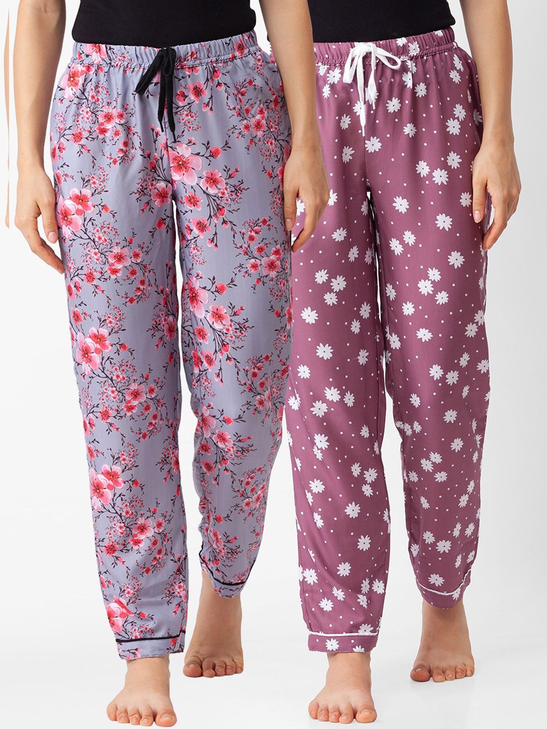 FashionRack Pack Of 2 Women Grey & Pink Printed Cotton Lounge Pants Price in India