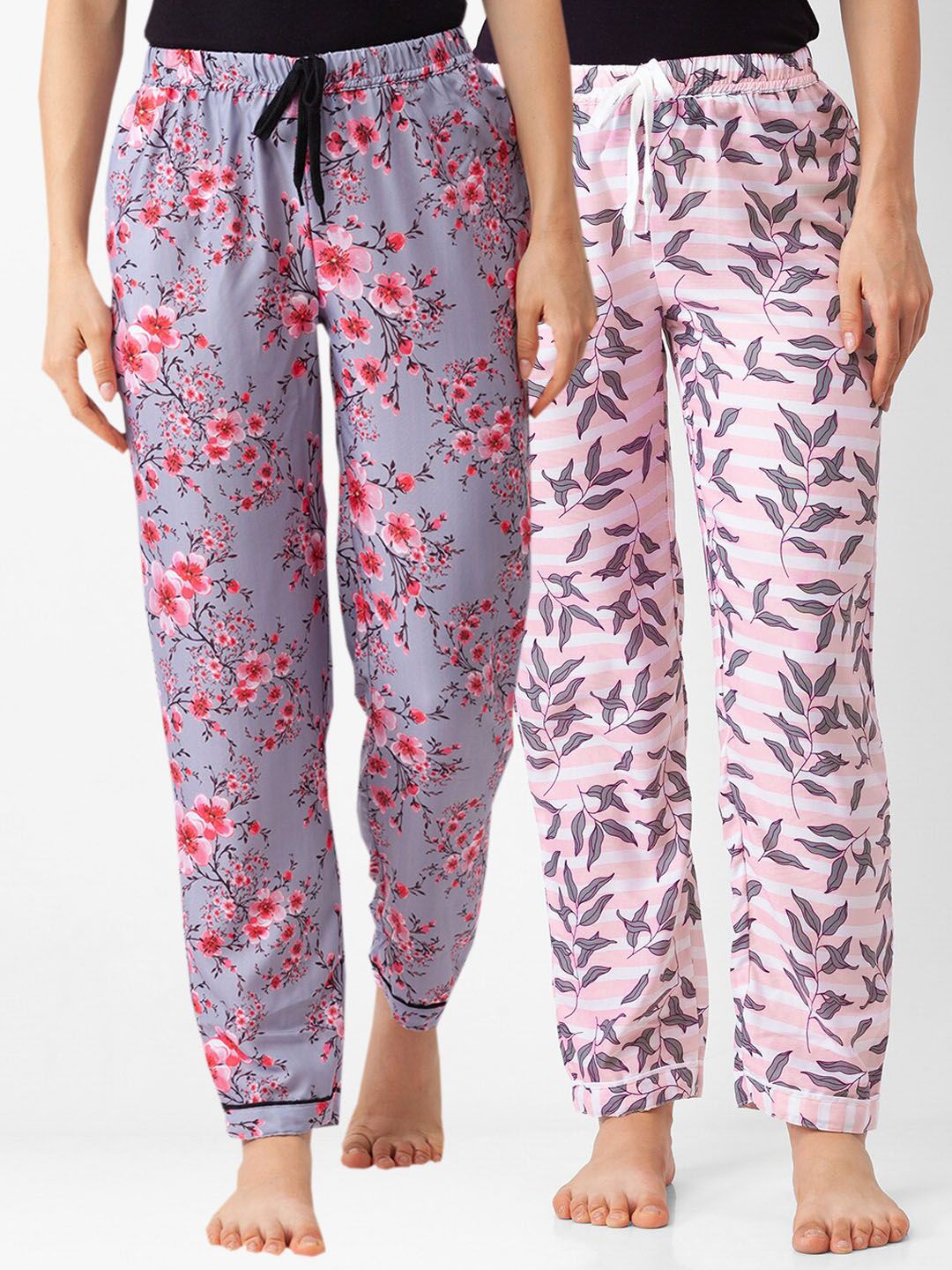 FashionRack Pack of 2 Women Grey & Pink Printed Cotton Lounge Pants Price in India