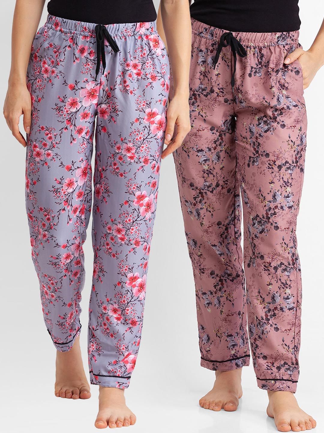 FashionRack Pack of 2 Women Grey & Brown Printed Lounge Pants Price in India