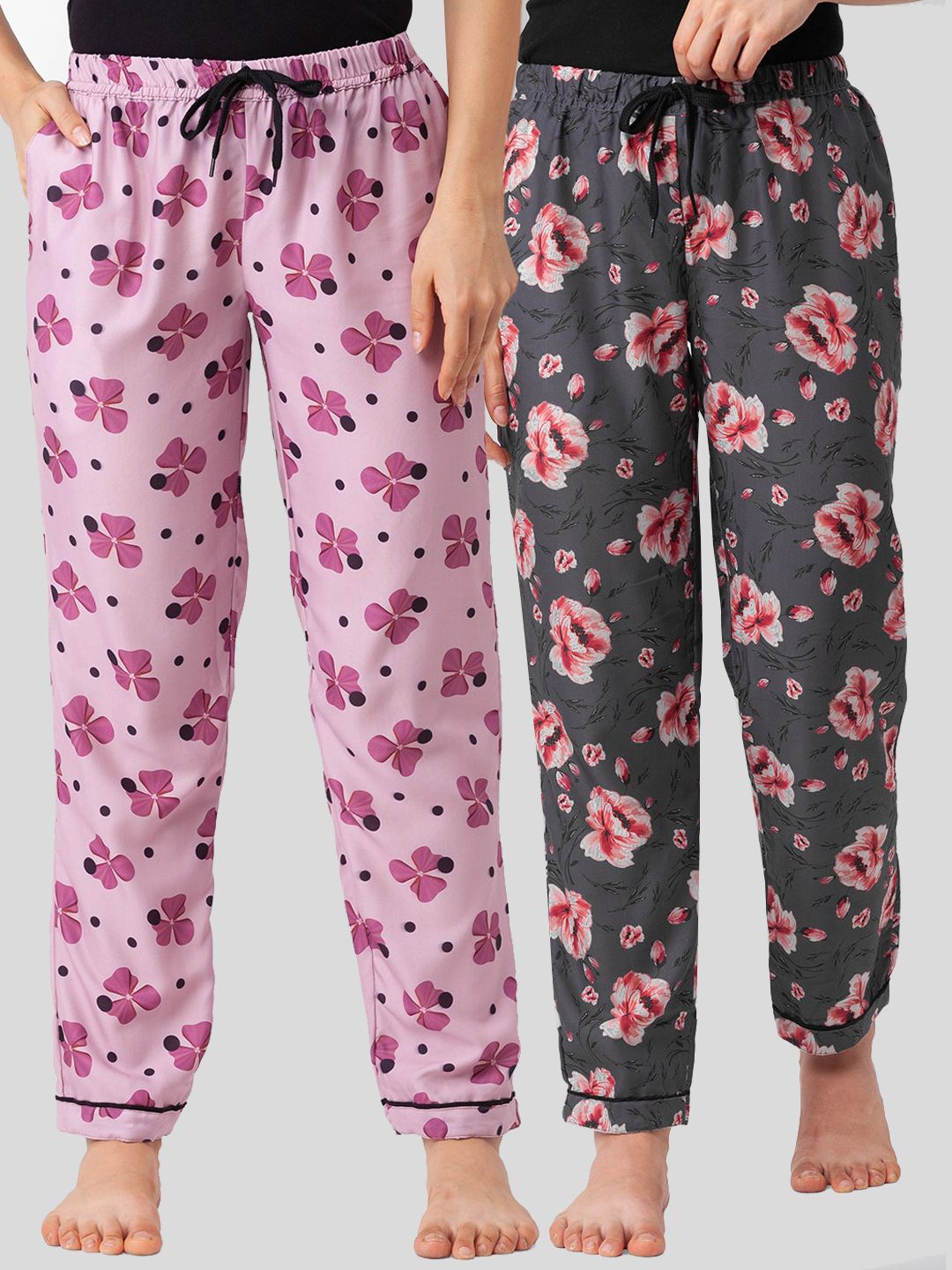 FashionRack Women Pack of 2 Pink And Grey Printed Cotton Lounge Pants Price in India