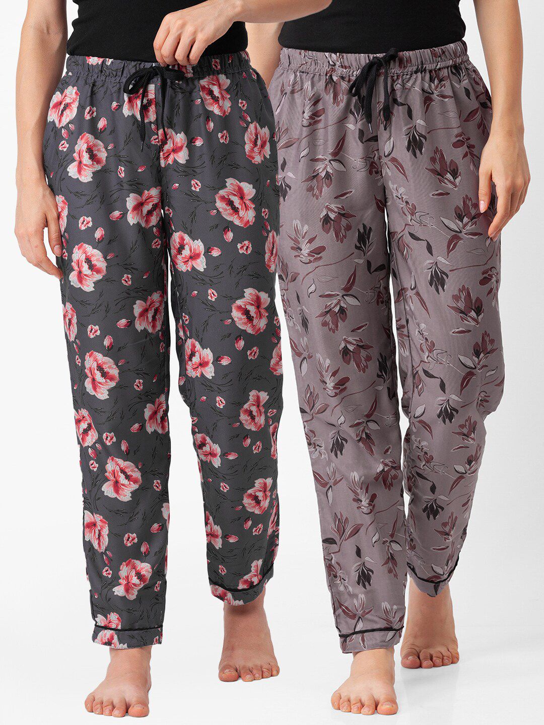 FashionRack Women Pack of 2 Brown & Grey Printed Cotton Lounge Pants Price in India
