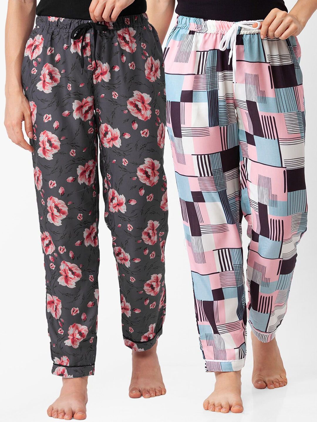 FashionRack Pack of 2 Women Grey & Pink Printed Lounge Pants Price in India