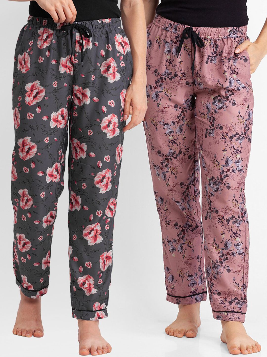 FashionRack Women Pack of 2 Pink & Brown Printed Lounge Pants Price in India