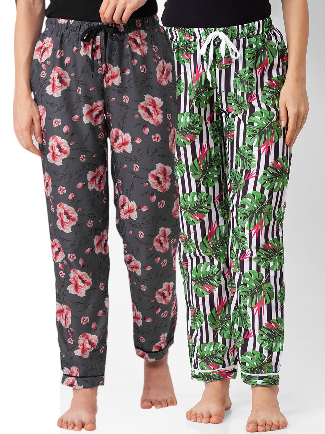 FashionRack Women Pack Of 2 Grey & Green Printed Cotton Lounge Pants Price in India