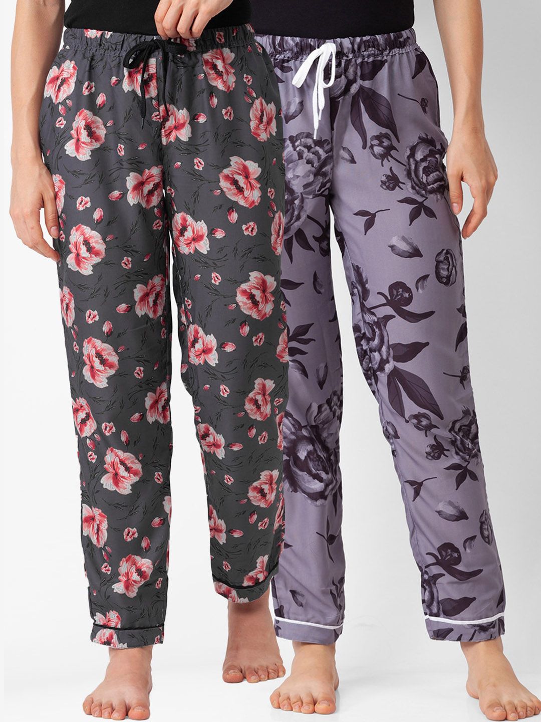 FashionRack Pack of 2 Black & Grey Printed Cotton Lounge Pants Price in India