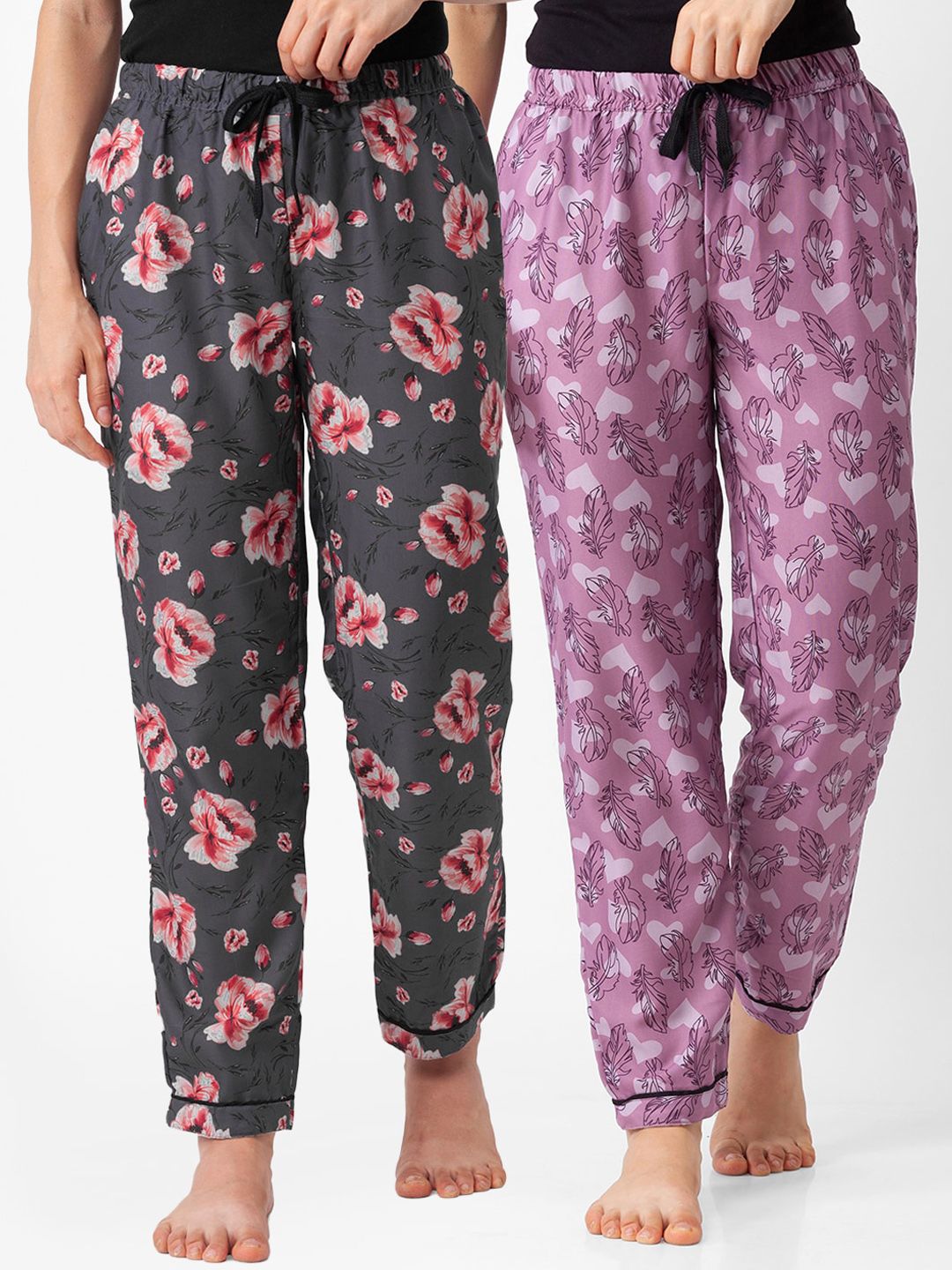 FashionRack Women Pack Of 2 Grey & Pink Printed Cotton Lounge Pants Price in India