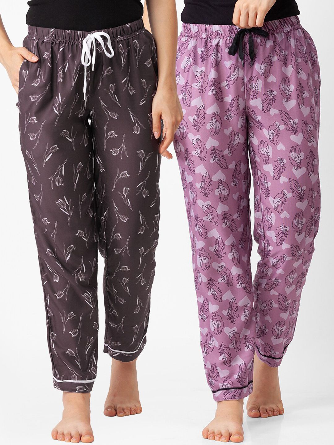 FashionRack Women Pack of 2 Brown & Pink Printed Lounge Pants Price in India