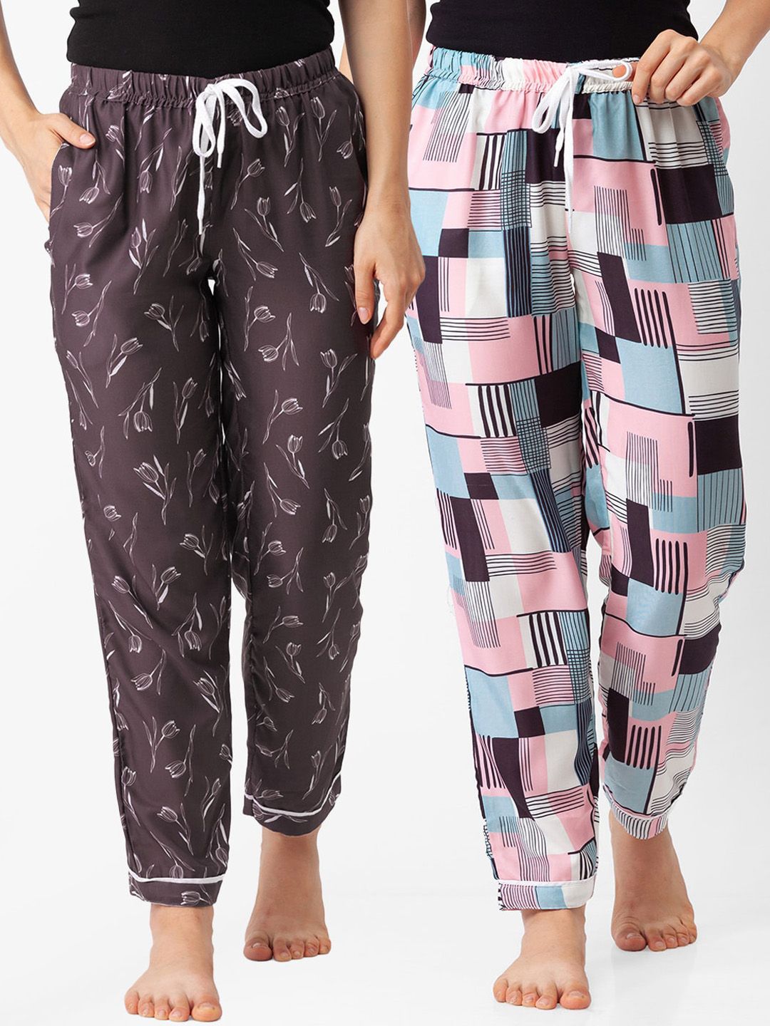 FashionRack Women Pack of 2 Grey & White Printed Cotton Lounge Pants Price in India