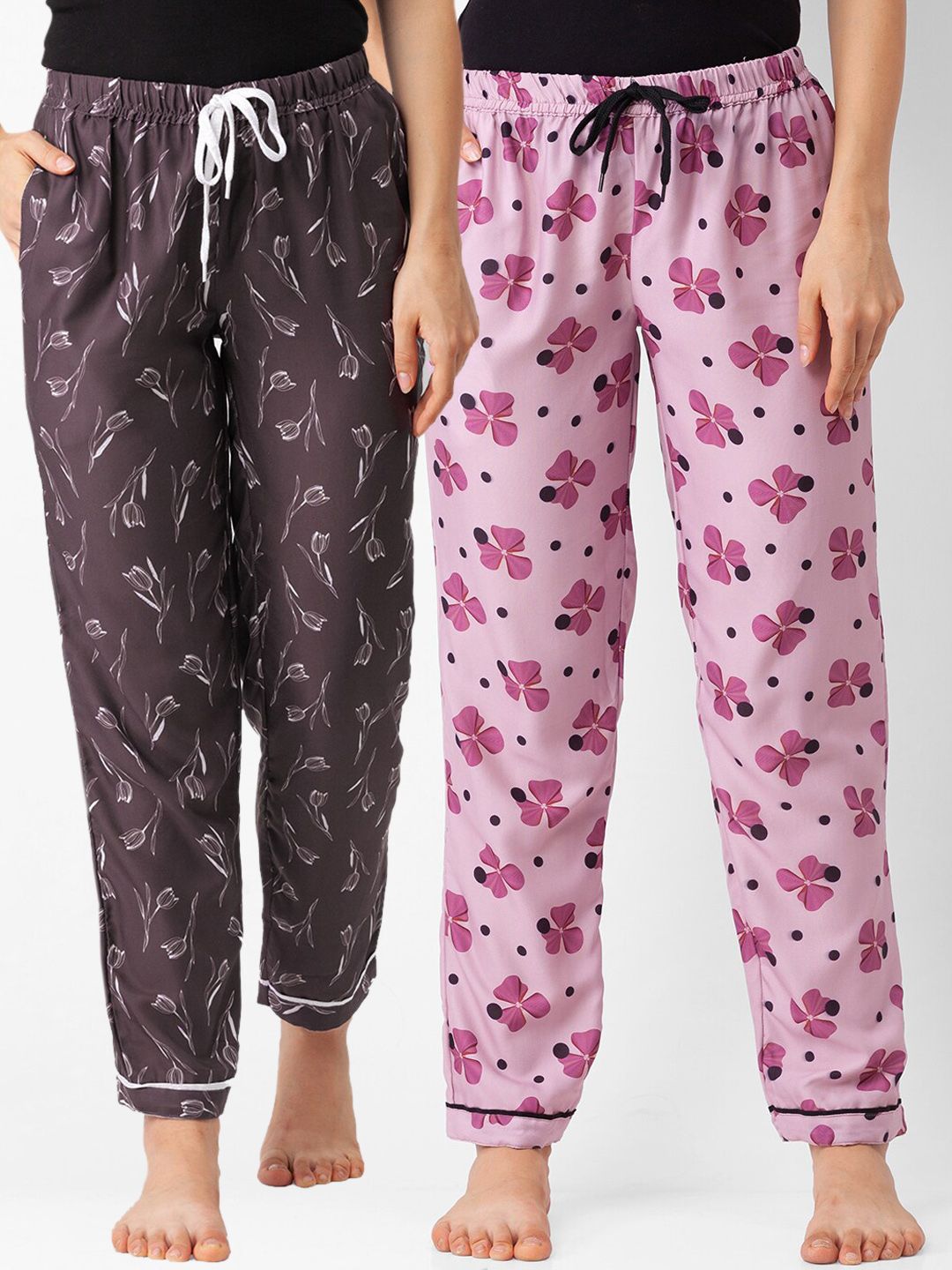 FashionRack Pack of 2 Pink & Brown Printed Cotton Lounge Pants Price in India