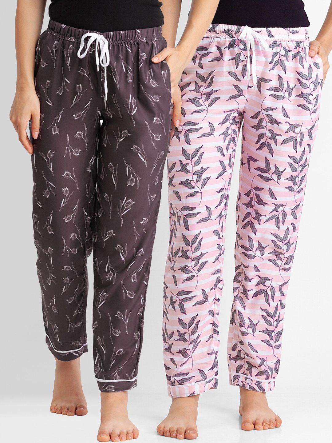 FashionRack Pack of 2 Women Pink & Brown Printed Cotton Lounge Pants Price in India