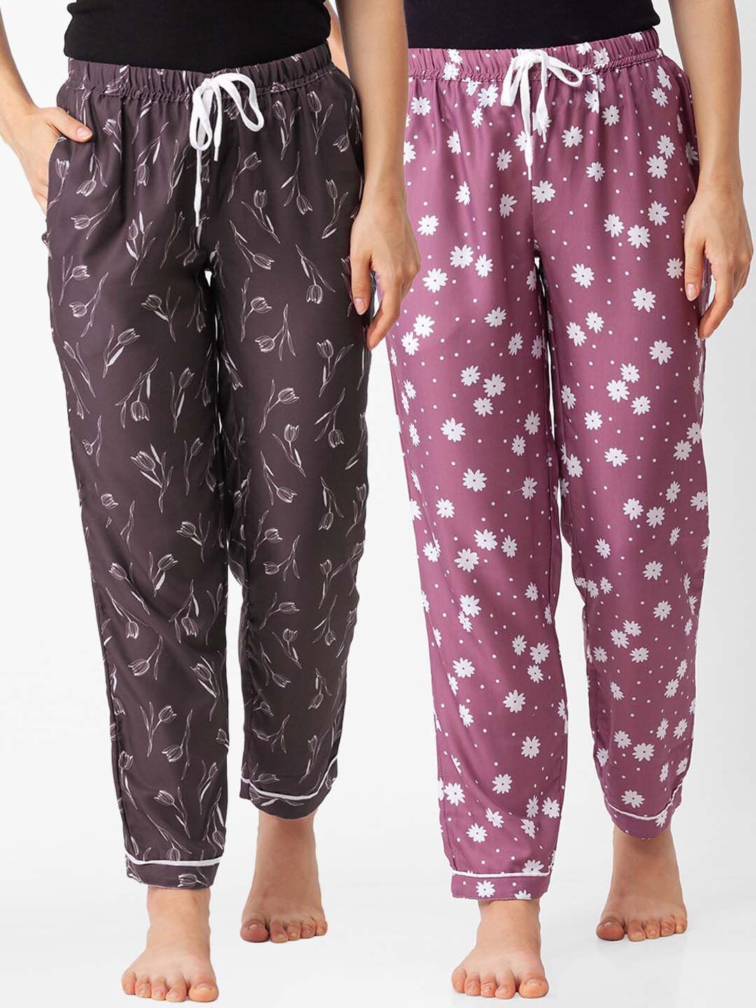 FashionRack Pack Of 2 Women Brown & Pink Printed Cotton Lounge Pants Price in India