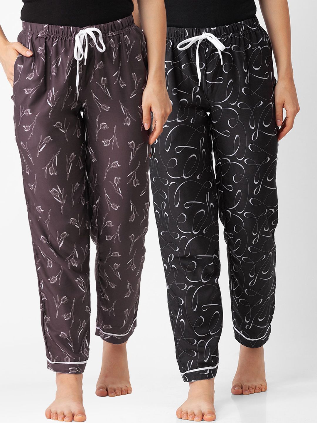 FashionRack Pack of 2 Women Brown & Black Printed Cotton Lounge Pants Price in India