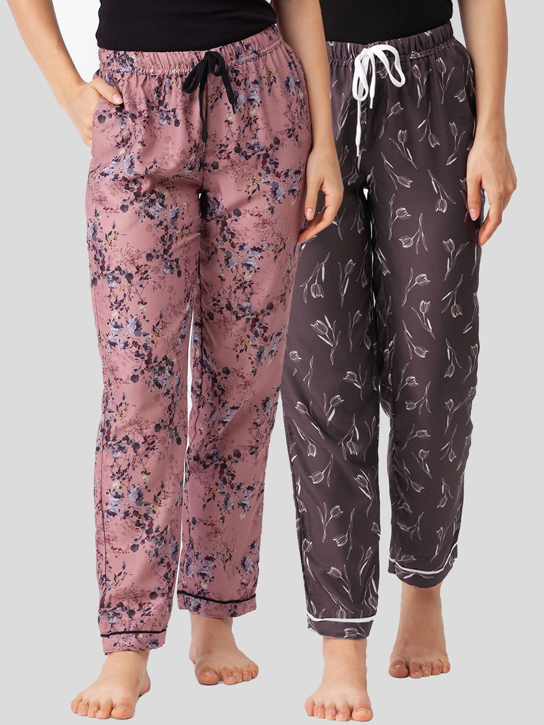 FashionRack  Set of 2  Women Brown & Pink Printed Cotton Lounge Pants Price in India